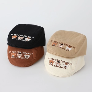 Kids cotton beret hats in four colors featuring bear embroidery and slogan