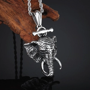 Hip hop style silver elephant head pendant necklace with twisted rope chain on wood stand
