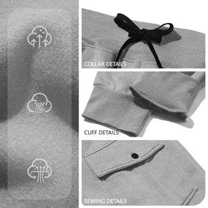 Detailed views of grey fleece joggers featuring drawstring waist, ribbed cuffs and cargo pockets