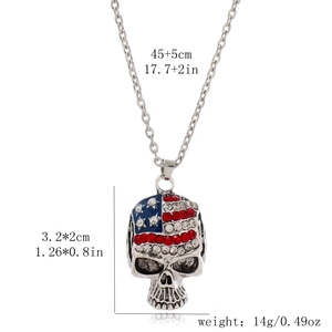 Detail view of rhinestone American flag skull pendant necklace with size measurements