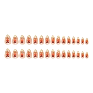 Almond press-on nails with semi-transparent pink base and orange-red gradient heart patterns