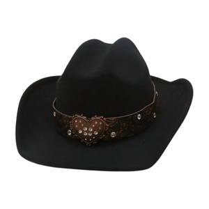 Western Cowboy Hat Polyester Felt Vintage Ethnic Heart Buckle Rhinestone Wide Brim Cowgirl Accessories For Women