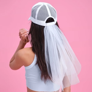 White bridal baseball cap with long tulle veil and rhinestones for bachelorette parties