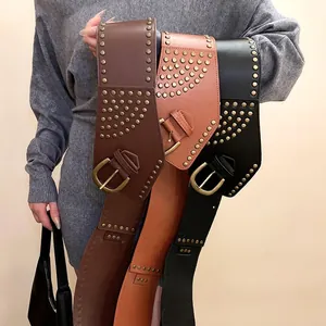 Vintage bohemian wide leather waist belts with metallic rivets and square metal buckle set