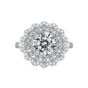 Moissanite flower ring in 18K white gold plating with sparkling multi-layer stones