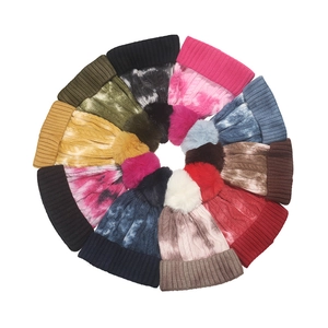 Winter cable knit pom-pom beanies with tie-dye patterns in 12 various gradient colors