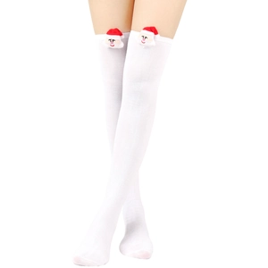 Detail of white thigh-high Christmas socks featuring a 3D Santa Claus doll on the cuff