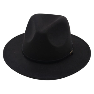 Detailed top view of a black wide-brimmed felt fedora hat with a gold buckle accent