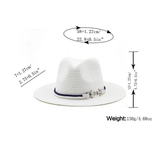 Detailed size specifications of white Panama hat with nautical rope and silver anchor charm