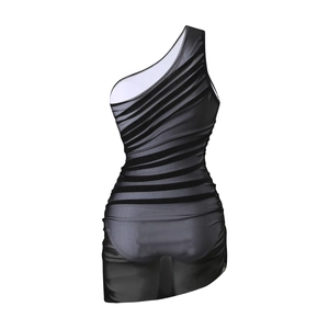 Detailed view of black mesh one-shoulder swimwear with translucent striped fabric texture