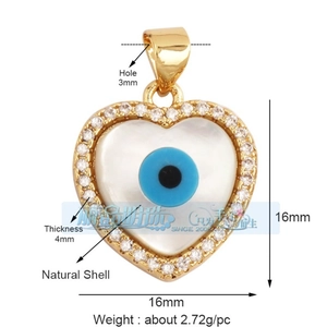 Macro view of heart-shaped evil eye pendant with natural shell and zircon measurements