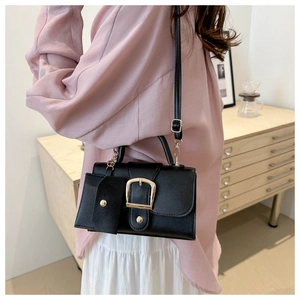 Retro black PU leather crossbody square bag with gold buckle and mini coin purse charm