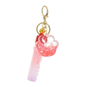 Creative liquid acrylic cat claw keychain with pink glitter sand and golden bell charm