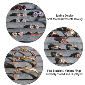 Bamboo and grey velvet jewelry display tray for earrings, rings, and bracelets