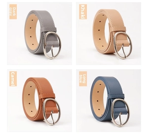 Detailed view of four PU leather belts in dark grey, khaki, camel and navy with silver buckles