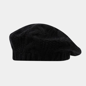 Classic black cable knit beret hat for women with ribbed edge for winter warmth