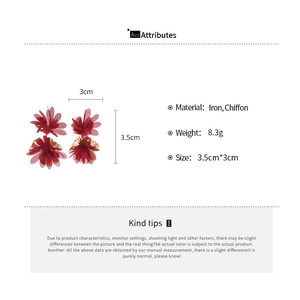 Detail showing dimensions of burgundy chiffon flower earrings with steel posts