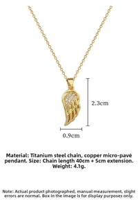 Detailed view of feather wing pendant with micro-pave zircons and titanium steel chain