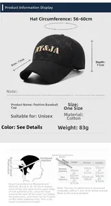 Size chart showing dimensions and head circumference for cotton unisex baseball cap