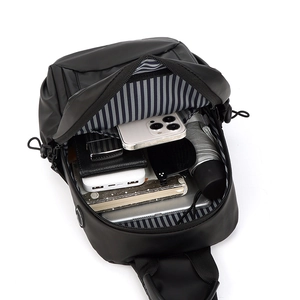 Waterproof matte black crossbody bag with large capacity and blue striped lining