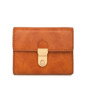 Minimalist brown leather card holder with gold metal clasp for women on white background