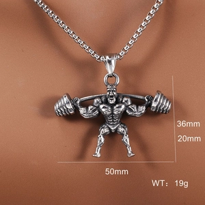 Strongman barbell weightlifting pendant necklace in antique silver stainless steel