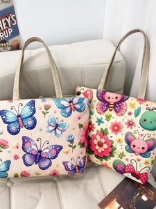 Ethnic style floral canvas tote bags with butterfly prints and durable woven handles