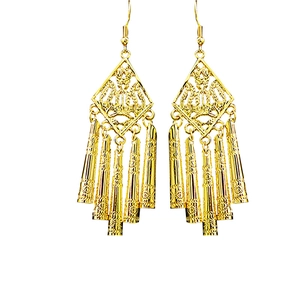 Detailed view of bohemian gold hollow diamond earrings with intricate tassel pendants