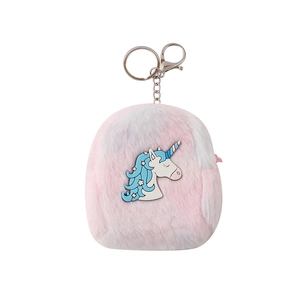 Detail of plush unicorn mini purse with pink fur and silver metal keychain attachment