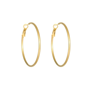 Detailed view of large gold titanium steel hoop earrings with secure pin closure