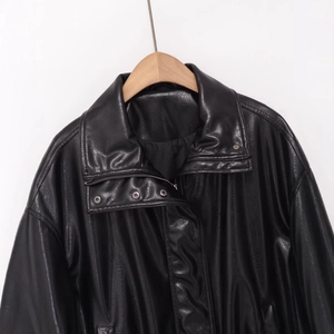 Classic black faux leather bomber jacket with stand collar and zipper closure