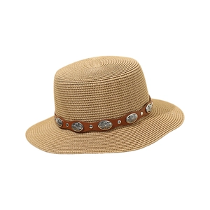 Flat top straw sun hat with rivet leather belt detail and wide brim for summer travel