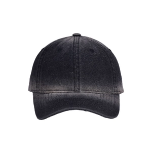 Detail of vintage gradient washed denim texture and stitching on the baseball cap