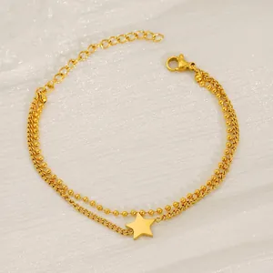 Double Layer Star Pendant Bracelet Stainless Steel 18K Gold Plated Bead Chain Adjustable Jewelry For Women