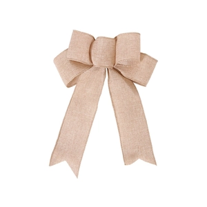 Rustic burlap Christmas bow ornament with striped flocking and snowflake elk pattern