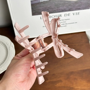 Pink ribbon bow hair claw clip for elegant hairstyles, high-quality large shark clip for women