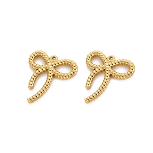 Detailed macro view of gold-plated stainless steel bow pendants with rope texture finish