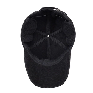 Black winter baseball cap for men with warm ear flaps and thick fleece lining