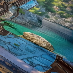 Close-up of the woven texture and vibrant coastal scenery print on a bohemian tapestry