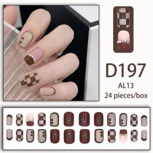 Short brown press-on nails set with pearl accents and checkerboard design, 24pcs pack
