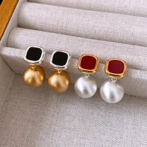 French vintage matte acetate square earrings with golden beads and white silk texture pearls