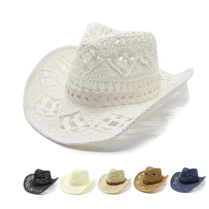 Western Retro Cowboy Hat Hollow Out Breathable Paper Straw Wide Brim Summer Beach Sunshade For Men Women