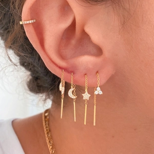 Elegant gold S925 sterling silver moon and star chain earrings set for women
