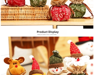 Detail of Christmas gift bags featuring 3D Santa, snowman and reindeer plush characters
