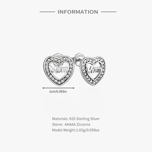 Macro detail of 925 sterling silver heart-shaped Mom earrings with AAAAA cubic zirconia