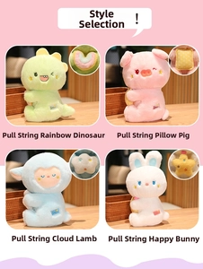 Detailed grid of plush animal toys featuring pull-string tail movement in four cute styles