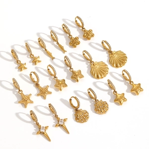 Elegant gold plated stainless steel earring set featuring zircon shell and star charms