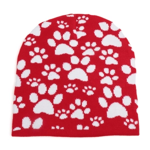 Gemütliche rot-weiße Jacquard-Strickmütze mit Pfotenabdruck für winterliche Wärme