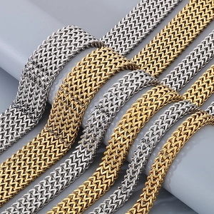Polished woven chain necklaces in gold and silver finish, diagonal parallel arrangement