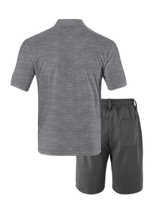 Detail view of men's casual grey polo shirt and matching sports shorts set back view